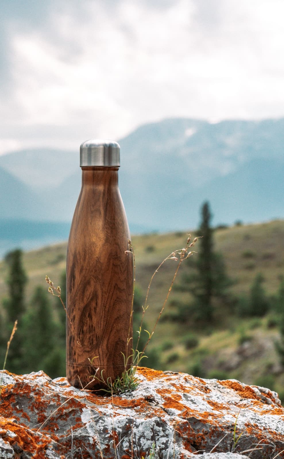 A wood-grain insulated bottle standing on a rock with mountains behind